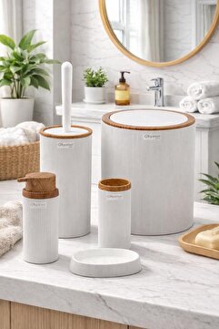 Okyanus Home Stella Beyaz Ahşap Desenli Çizgili Yuvarlak 5'li Banyo Seti