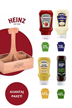 Heinz Ahşap Sosluk Hediyeli Sos Seti (Ketçap 375 g, Mayonez 330 g, Hardal 445 g, HP Barbekü 465 g)