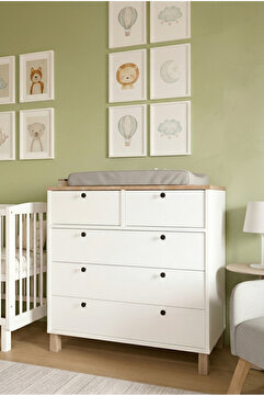 Robin Home Merlin Bebek Odası Çocuk Odası Şifonyer 5 Çekmece Ahşap Ayaklı Beyaz-Sepet