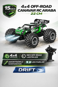 YILDIRIM OYUNCAK Uzaktan Kumandalı LED Işıklı Amortisörlü 4x4 Drift Atan 15 Km/h Yapan Off-Road RC Araba 22cm