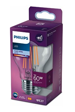 Philips LED Classic Şeffaf Filament Ampul 7W 850 Lumen 4000K Gunışığı Işık A60 E27 Duy