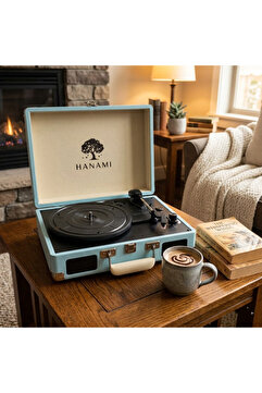 QUIQA Hanami Blue hem bluetooth'lu hem sarjlı tüm plakları çalabilen pikap