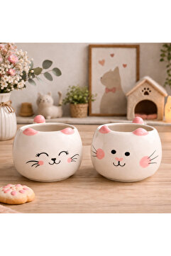 Kotium Ceramics 2 ' Lİ SEVGİLİ ÇİFT KEDİ KUPA Özel Tasarım Özel Seri ÖZEL KABARTMALI EL İşlemeli SERAMİK KUPA