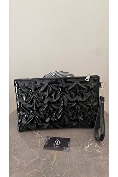 Nubags Yıldız Desenli Rugan Siyah Portföy & Clutch Çanta Çıkarılabilir Bileklik Askılı 30 x 19