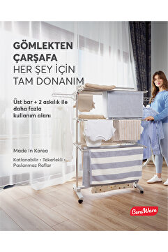 Ceraware Home S3 Premium 3 Katlı Çamaşırlık Made in Korea Tam Katlanır Tekerlekli Çamaşır Kurutmalık