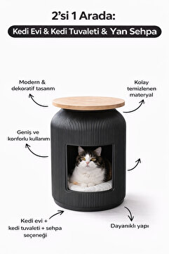 Kastasaksı 43x55 plastik siyah üstü vision mermer MDF kedi evi kedi tuvaletii sehpa