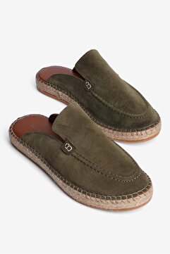 Mubiano Hakiki Deri Summer Erkek Süet Önü Kapalı Jüt Taban Haki Espadril Terlik -MSSR3416-HK