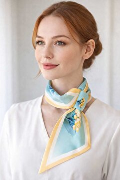 GÜLMEYSA Sarı Lale Desenli Pastel Mavi Fular – Soft Romantik Stil 🌼Kravat