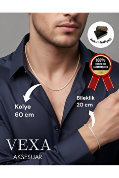 Vexa Aksesuar İthal Premium Yuvarlak Kral Zincir Çelik Kolye ve Bileklik Seti - 316L Kutulu Hediyelik Set