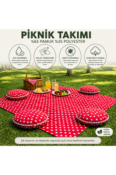 Zeren Home Keten Sıvı Geçirmez Puantiyeli Piknik Seti 4 Minderli Piknik Masa Örtüsü Bahçe Kamp Piknik Takımı