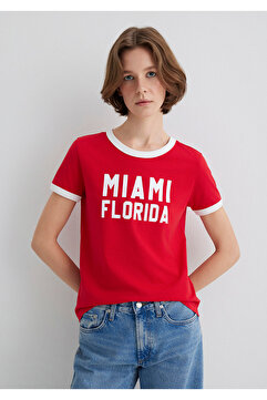 Mavi Florida Baskılı Beyaz Biyeli Kırmızı Tişört Slim Fit / Dar Kesim 1613062-70467
