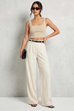 Madmext Açık Bej Çift Pileli Kemerli Pantolon Mg2330