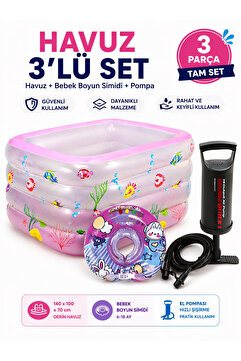 Fidan oyuncak 140x100x70 cm Şişme Çocuk Havuzu ve Bebek Boyun Simidi Seti Pompa Hediyeli ( Pembe )