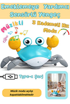 Boratila Toys Emeklemeye Yardımcı 3 Hız Kademeli Kapatıp Açılabilen Müzikli Sensörlü Şarjlı Yengeç Oyuncak (MAVİ)