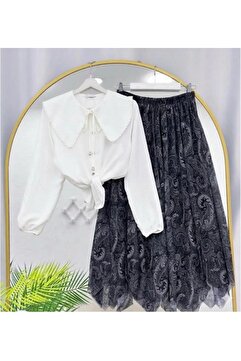 MODA VEDAT Kadın Fisto Yakalı Gömlek - Desenli Asimetrik Kesim Etekli Takım -0640 HAKİ