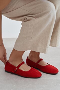 NİŞANTAŞI SHOES Mono Kırmızı Süet Hakiki Deri Toka Detay Düz Taban Kadın Babet