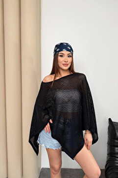 Lusin Kadın Siyah Kayık Madonna Yaka Panço Görünümlü Şık Oversize Yazlık Mevsimlik File Bluz