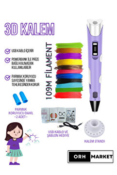 ORH Market MOR 3d Kalem 3d Pen Yazıcı Kalem – Çok Renkli Pla Filament (Toplam 109m) Usb Kablo