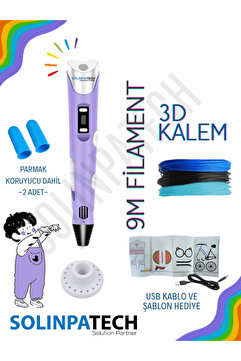 SolinpaTech 3D Pen Üç Boyutlu Yazıcı 3d Kalem Printer-mor (3 ADET 3METRE FİLAMENT -9METRE- VE USB KABLO DAHİL)