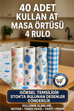 nistabolje 40 Adet Kullan At Masa Örtüsü 100x120 Cm Sıvı Geçirmez(4 RULO) Tek Kullanımlık Piknik Sofra Kağıdı