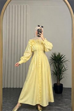 Neşeli Butik kadın sarı belden oturtmalı çiçek detaylı premium tesettür elbise NBVQ4933