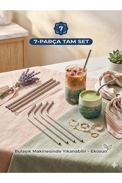Tasarım Evi Premium 7 Parça Paslanmaz Çelik Metal Pipet Seti - 3 Düz, 3 Eğimli Pipet + Temizleme Fırçası