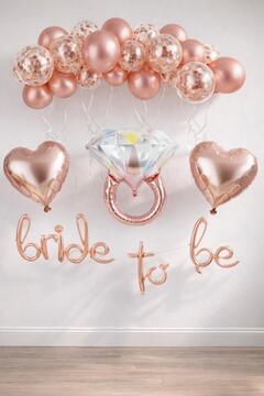 Patladı Gitti Bride To Be El Yazısı, Tek Taş Yüzük Ve Kalp Folyo Balonlu Rose Gold Set