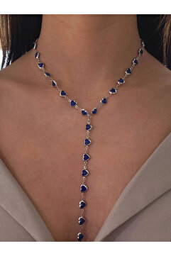 h&b design jewel Çelik Lacivert Kalp Zincirli Y Kolye