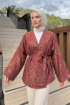 Salih Çelebi Şal Desen Kuşaklı Kimono 2375 - BORDO