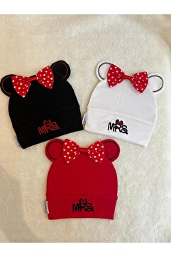 anne dokunuşu gibi KUZUM BEBE Siyah Beyaz Kırmızı 3’'lü Mickey Mouse Figürlü Kız Erkek Bebek Çocuk Penye Şapka Bere