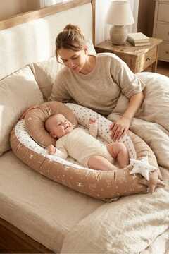 Umaybebek Babynest, Bebek Uyku Yatağı, Yatak - 0-2 Yaş - Pamuk Kumaş - Kahve Kedi Desen Yıldız