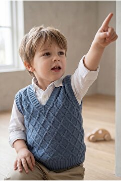 Babily Erkek Bebek Triko Süveter V Yaka Baklava Desenli Örgü