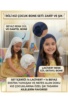 TR 2'li Kız Çocuk Bone Seti - Lacivert & Beyaz Güllü Dantelli Viskon Saç Bonesi - 2-6 Yaş