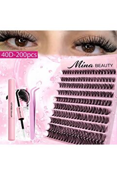 MİNA BEAUTY Takma Kirpik Seti Yapıştırıcı, Sabitleyici, Cımbız Ve Kirpik Fırçasıyla 40D 200 Adet Kirpik Tutamı