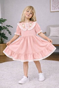 ARBİ kids Kız çocuk bebe yaka çiçek detaylı terikoton kumaş iç astarlı elbise bayramlık