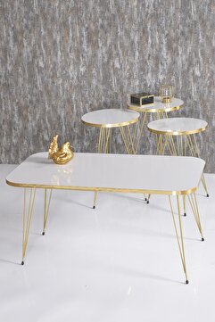 GOLDFALEZ Zigon Sehpa Ve Orta Sehpa Kr Set Gold Beyaz Tel