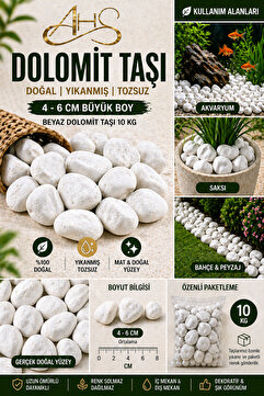 AHS Beyaz Dolomit Taşı 10 KG (4-6 CM) | Büyük Boy Peyzaj & Bahçe Dekor Taşı | Mat Görünüm, Yıkanmış Doğal Çakıl Taşı