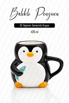 Rosie Penguen Figürlü El Yapımı Seramik Kupa, Mug, 420 ml