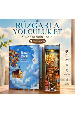 Emirgan Balon Ev Book Nook DIY Kit – Ahşap Minyatür Kitaplık Dekoru, LED Işıklı Kendin Yap Hobi Seti