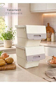 Jet's Home 2’li Tekerlekli Krem-Bej Sebzelik - Patates Soğan Sepeti Organizer - 24 L Hava Alan Kutu