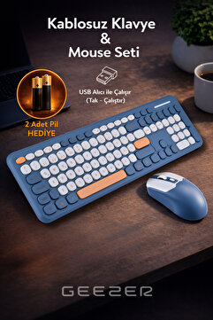 Geezer Soft Touch Kablosuz Klavye Mouse Set Lacivert + Beyaz Smk-687