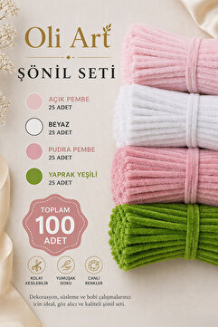OLİ Art Şönil Seti – 4 Renk 100 Adet (Açık Pembe, Beyaz, Pudra Pembe, Yaprak Yeşili) Şönil Tel