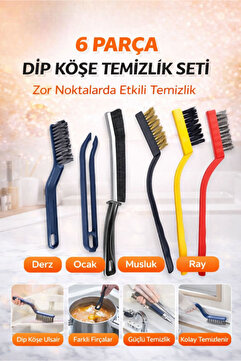AYGÖREN HOME 6 Parça Dip Köşe Temizlik Fırça Seti - Derz Fırçası, Gider Cımbızı, 3'Lü Yağ Temizleme Fırçası