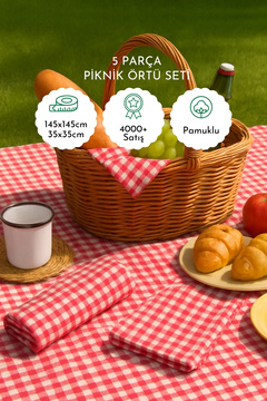 Bimotif 5 Parça Büyük Boy Piknik Seti, Pötikareli Masa Örtüsü ve Peçete, Kırmızı