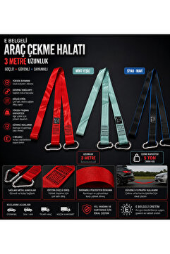 SNSTİCARET E-Onaylı Araç Çekme Halatı 3 Metre 5 Ton Kapasiteli – Güçlü Dikişli Metal Kancalı Çekme Kayışı