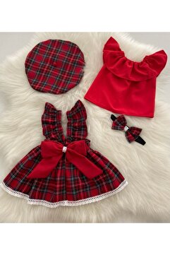 Moda Lina Kırmızı Ekose Şapka Banda Bluz Takım