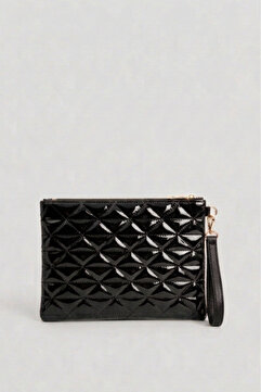 Bagfoni Siyah Rugan Üçgen Desenli Portföy Clutch El Çantası