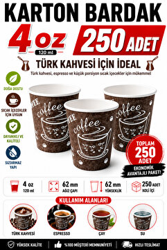 Kullanatsepetim 4 Oz Karton Bardak 250 Adet Küçük Boy (TÜRK KAHVESİ,ESPRESSO BOYU) 120ml.