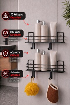 Sas Haus 2'li Siyah Yapışkanlı Banyo Rafı, Duş Şampuanlık, Metal Duvar Rafı (Vidala veya Yapıştır)