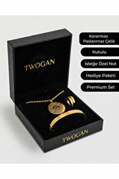 TWOGAN Ayetel Kürsi Çelik Bileklik, Kolye, Yüzük Seti, Gold Renk